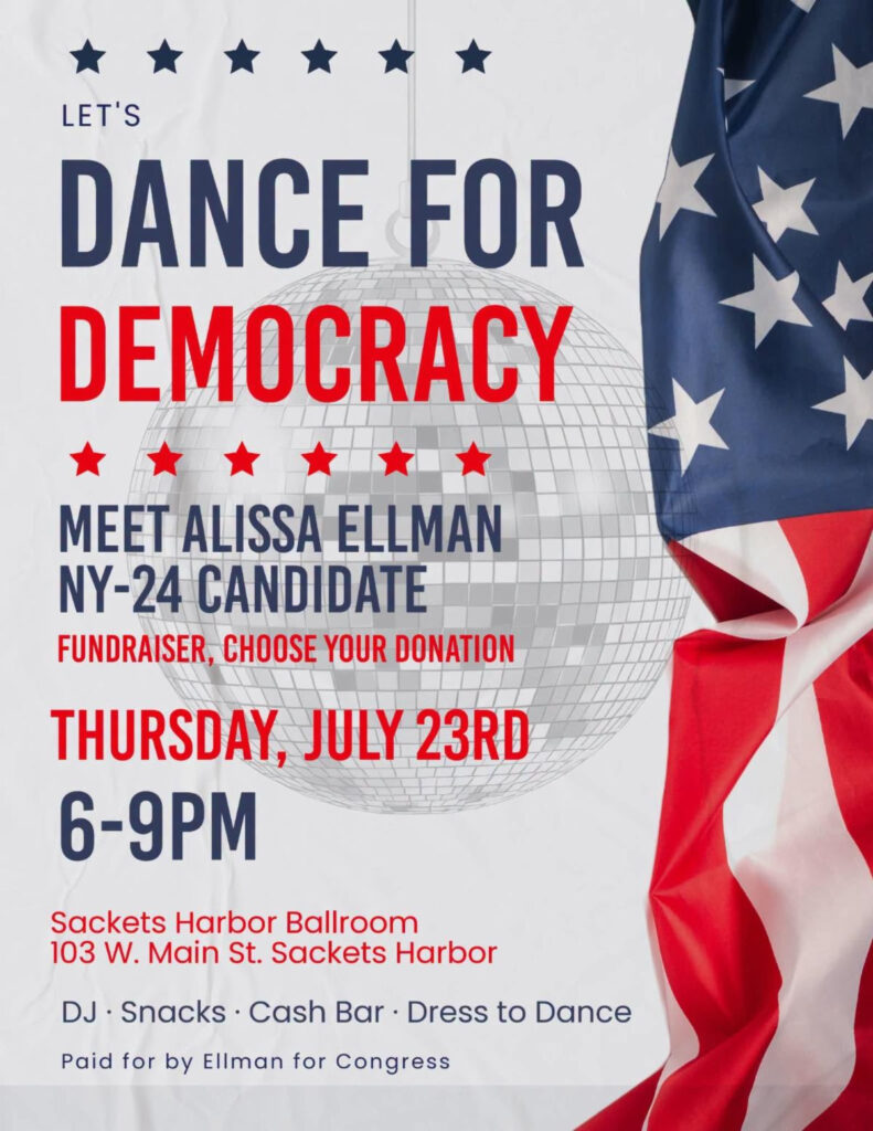 Color flyer for the Dance for Democracy fundraising event on July 23, 2026, in Sackets Harbor