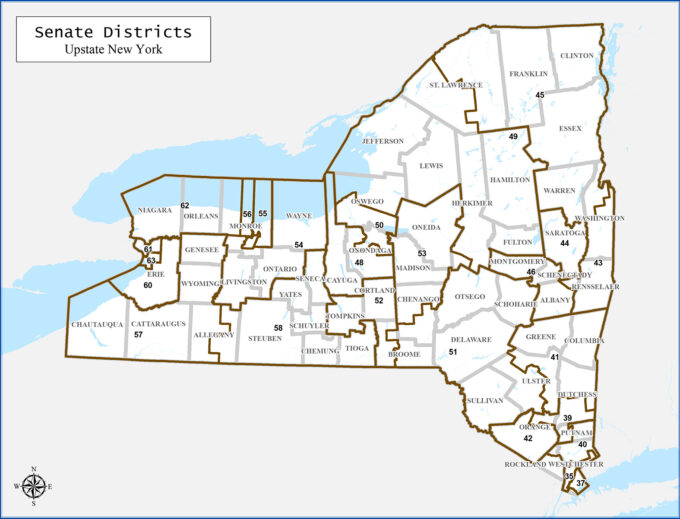 Map of New York State divided into counties and state Senate Districts