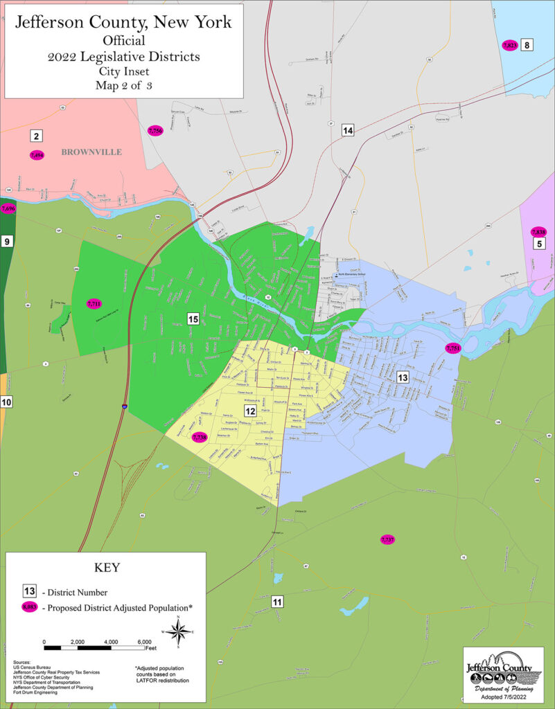 Closeup map view of the Jefferson County legislative districts within the City of Watertown (Image courtesy of the Jefferson County NY Legislature)