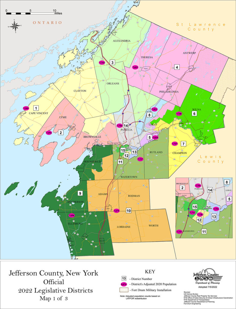 Overview map of the 15 legislative districts in Jefferson County (Image courtesy of the Jefferson County NY Legislature)