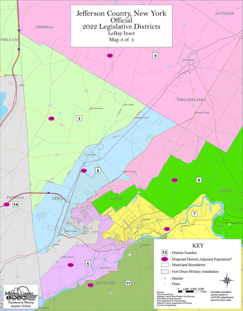 Closeup map view of the Jefferson County legislative districts within the Town of LeRay (Image courtesy of the Jefferson County NY Legislature)