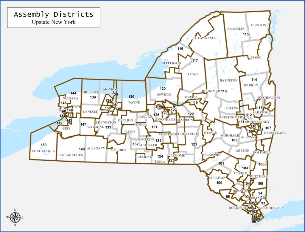 Map of New York State divided into counties and state Assembly Districts
