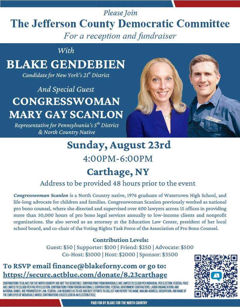 Color, letter-sized flyer for a fundraising event on Sunday, Aug 23rd, to benefit Blake Gendebien, who's running as the Democratic candidate for New York State's 21st District
