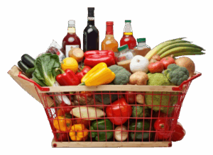 Color photo of a shopping basket full of fresh produce and groceries; AI-generated image, courtesy of RawPixel.com