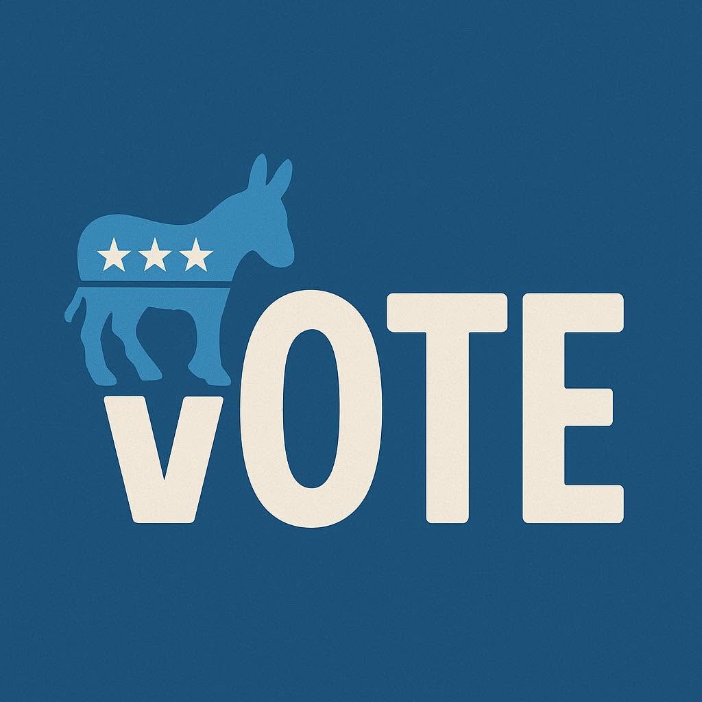 Graphic of a blue donkey atop the "V" of the word "Vote" on a blue background